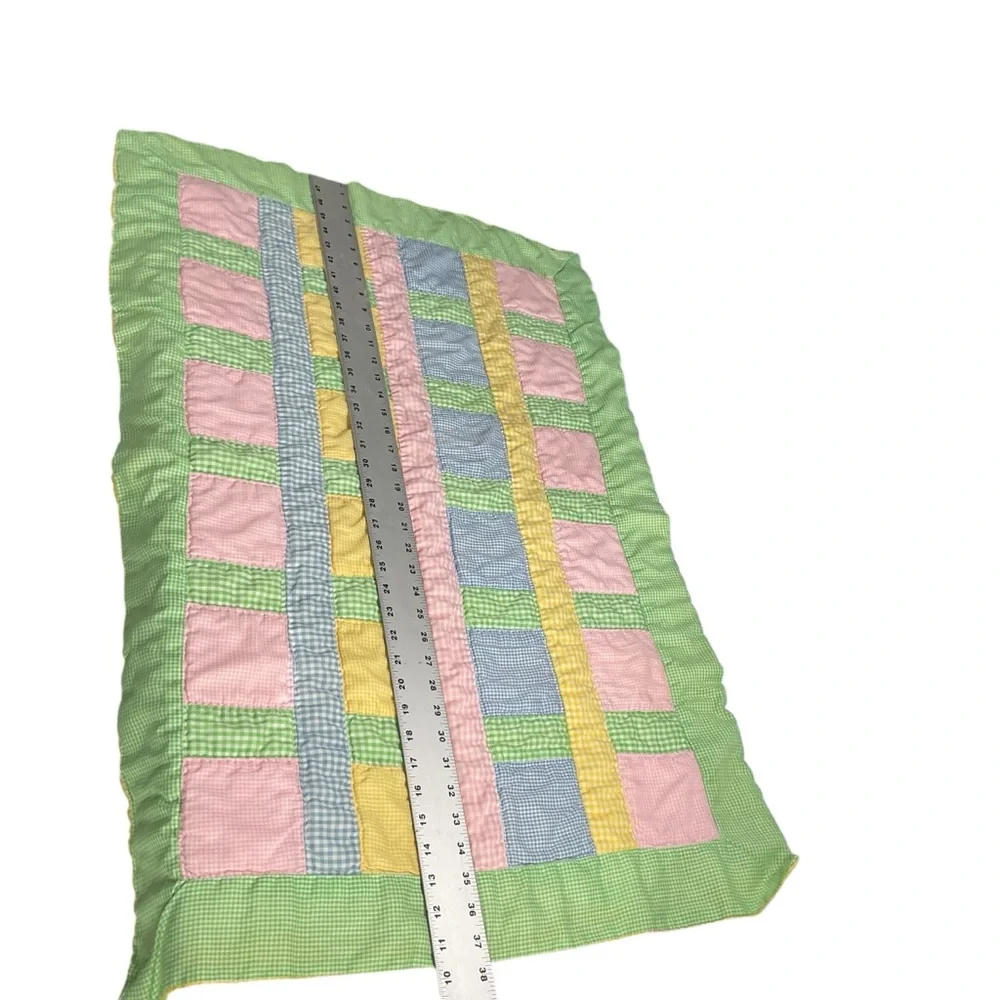 Handcrafted Pastel Gingham Print Block Design Quilted Baby Crib Blanket 38